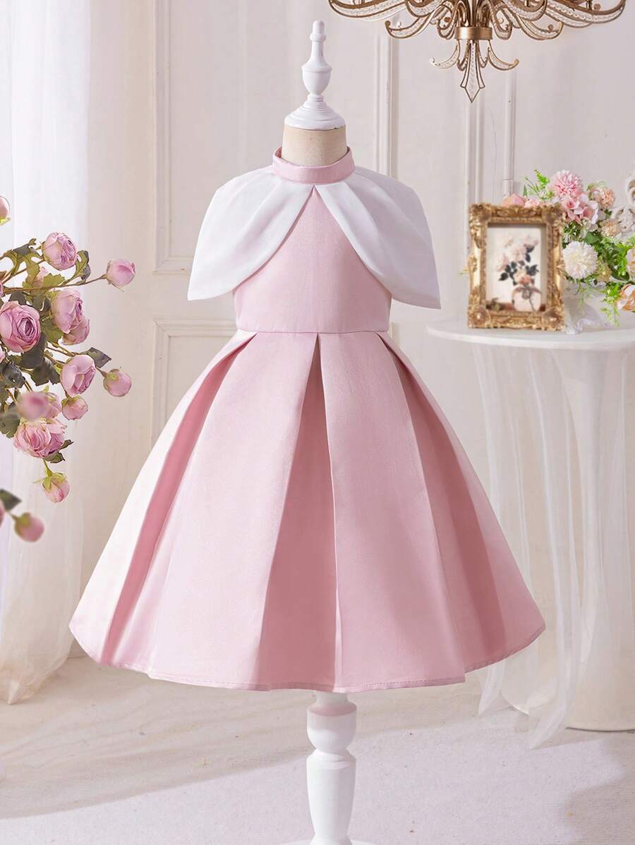 SHEIN Đầm dệt kim dáng chữ A cổ đứng phối màu tương phản cho bé gái, thích hợp cho kỳ nghỉ gia đình, dễ thương, thanh lịch và thời trang, dự tiệc, sinh nhật, công chúa xinh đẹp, mẹ và con gái, chị em gái mặc đồ đôi. Mùa xuân hè. - Hồng - Xem 1