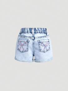 Nuevos shorts vaqueros de verano para niñas con bordado de mariposa, desgastado en la cintura y bolsillos, color azul claro