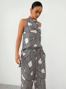 Aveloria Modichic Set de 2 piezas con top sin mangas de cuello alto impreso y pantalones con cordón, estilo minimalista para mujer