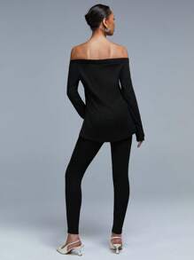 Athîral 2 Stücke/Set Damen Off-Shoulder Top und Hose Set Einfarbig, Langarm, minimalistischer Stil für den täglichen Lässig Gebrauch