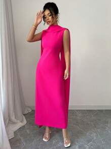 Elenzga Đầm dài ôm dáng đơn giản màu trơn đi làm cho nữ - Màu Hồng Tươi - Xem 4