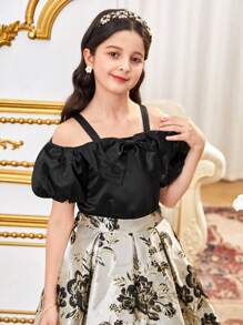 SHEIN Leap Crew Conjunto de 2 piezas para niñas preadolescentes con top sin mangas con hombros descubiertos con gran lazo decorativo y falda plisada con elegante estampado floral jacquard negro y dorado, vestido de niña de las flores, apto para fiesta, vuelta al colegio, elegante y estilo francés princesa - Negro - Ver 16