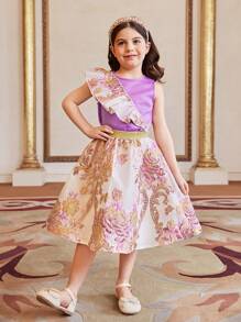 SHEIN Conjunto de 2 piezas de top sin mangas morado y falda con volantes a juego para niñas, atuendo elegante para fiestas, apropiado para salir, reuniones familiares y cumpleaños