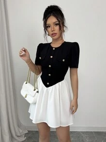 Elenzga Black & White Color Block Dress With Metal Buckle Decor - Black and White - View 3
