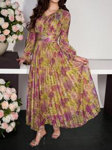 Modelyn 女式优雅修身花卉印花休闲长裙 - 橄欖綠 - 查看 3