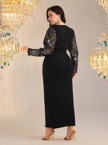 Modelyn Plus Size Elegant Party Sequin & Mesh Splice Wrap Dress - Navy Blue - View 3