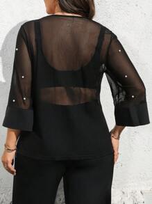 Elenzga 大码女式网状透明珍珠装饰聚会约会和日常优雅短袖上衣，春夏季 - 黑色 - 查看 2