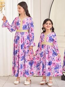 SHEIN DRMZ Young Girl's Spring/Summer Matching Family Vacation, Vintage Rose Ditsy Floral Mixed Print Long Sleeve A-Line Dress, With Golden Woven, Matching Family Vacation Casual Long Sleeve National Ditsy Floral Print Dress, Mom And Daughter & Sisters Matching.