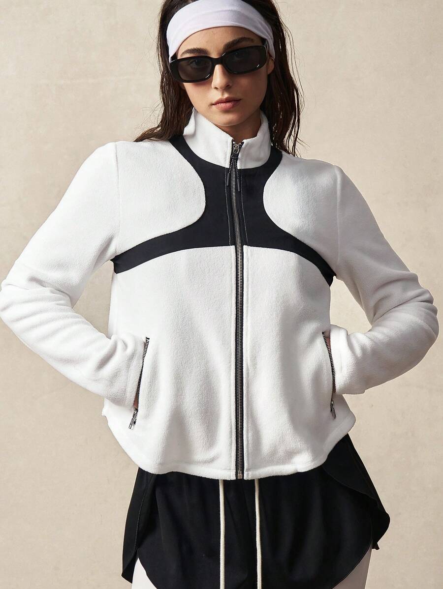 VARSIVA Long Sleeve Workout Top High Neck Long Sleeve Contrast Color Block Zippered Hemline Fluffy Jacket - Black and White - View 1