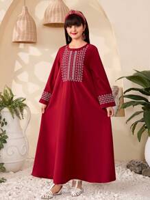 Tween Girls Geometric Pattern Crew Neck Long Sleeve Casual Dress - Burgundy - View 7