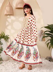 Tween Girls' Elegant Floral Print Dress - Multicolor - View 1