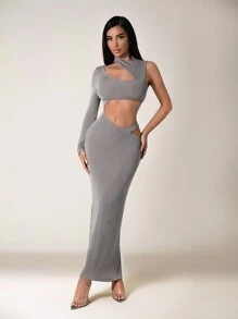 Zolique Sexy One Shoulder Long Sleeve High Neck Hollow Out Back High Slit Women Dress - Apricot - View 1