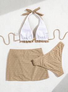 Swim EVENT Women's 3PCS Spring Break Swimwear Set - Deep V-Neck Halterneck Tie Top & Bottom & Overlay Skirt, Fashion Summer Beach Vacation Holiday