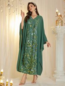Al Najma Floral Embroidery Panel Robe, Romantic Party Gown - Green - View 5