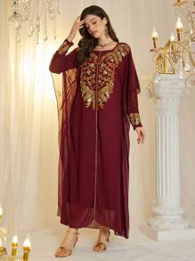 Al Najma 优雅奢华高端定制工艺女士 Jalabiya 连衣裙，阿拉伯连衣裙，端庄 - 酒紅色 - 查看 6