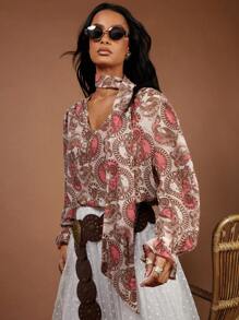 COSMINA Women's Bohemian Paisley Flower Print Blouse, Summer Vacation , Wedding Guest Attire