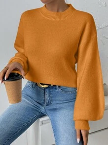 SHEIN Unity Women's Casual Solid Color Lantern Sleeve Sweater, Autumn/Winter Knit Pullover Fall - Rust Brown - View 6