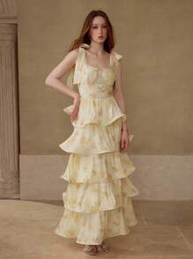 MOTF 多层系带荷叶边连衣裙 - 杏色 - 查看 6