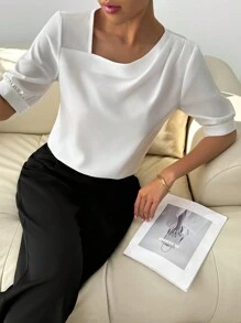 Calvaya Casual Commuter Fashion Oblique Neckline Short Sleeve Blouse