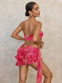 SHEIN Swim Set Bikini Tiga Potong: Atasan Bandeau Motif Tie-Dye, Rok Mini Berumbai, dan Sarung yang Serasi, Pakaian Liburan Sempurna untuk Festival Liburan Pantai Musim Panas - Berwarna merah muda - View 2
