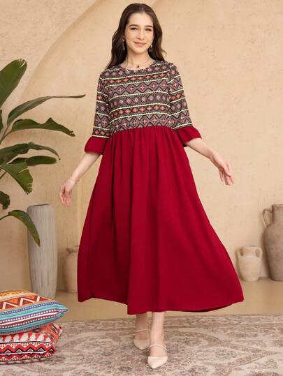 Teen Girl Solid Color Patchwork Round Neck Simple Casual Dress