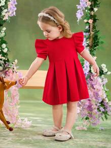 SHEIN Vestido de punto ajustado de manga gigot y cuello redondo de color liso para bebé niña