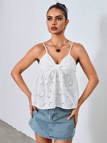 Chiquease Casual Solid Color Hollow Embroidery Bow Strap - White - View 1