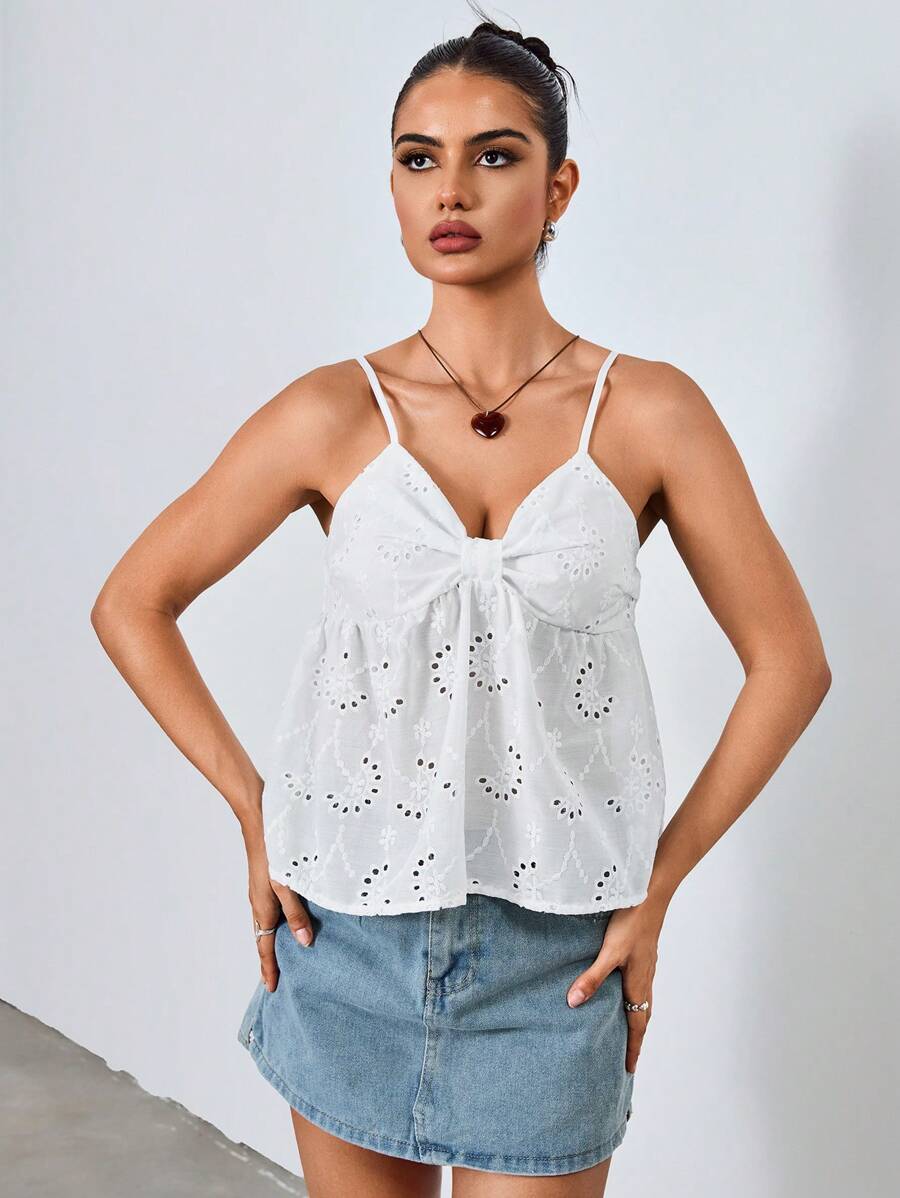 Chiquease Casual Solid Color Hollow Embroidery Bow Strap - White - View 1