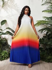 BamGleam 女士立领无袖渐变色褶皱休闲连衣裙、女士度假装、女士沙滩装、夏季连衣裙、波西米亚风、夏威夷女士服装 - 彩色 - 查看 3