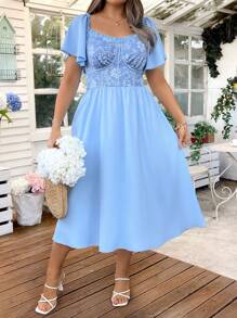 Flirla Robe longue élégante pour vacances/fêtes/mariage, style boho avec manches à volants, tissage jacquard, pour femmes grandes tailles, pour l'été - Bleu azur - Voir 2