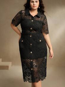 Anewsta 大码女式水溶性蕾丝边时尚中长短袖中长连衣裙，春夏装 - 黑色 - 查看 3