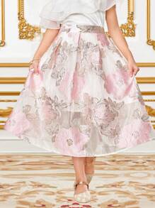 SHEIN Leap Crew Tween 女童欧根纱花朵提花褶皱腰荷叶边下摆裙，锦缎提花设计裙，适合花园茶会、春季郊游和度假 - 彩色 - 查看 4