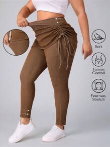 Flexra Plus Size Casual Washed Vintage Side Drawstring Skinny 2 In 1 Jeans Stretchy Knit Denim Apple Bottom Jeans - Brown - View 1