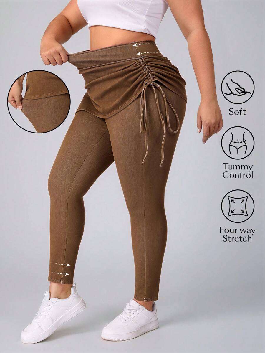 Flexra Plus Size Casual Washed Vintage Side Drawstring Skinny 2 In 1 Jeans Stretchy Knit Denim Apple Bottom Jeans - Brown - View 1