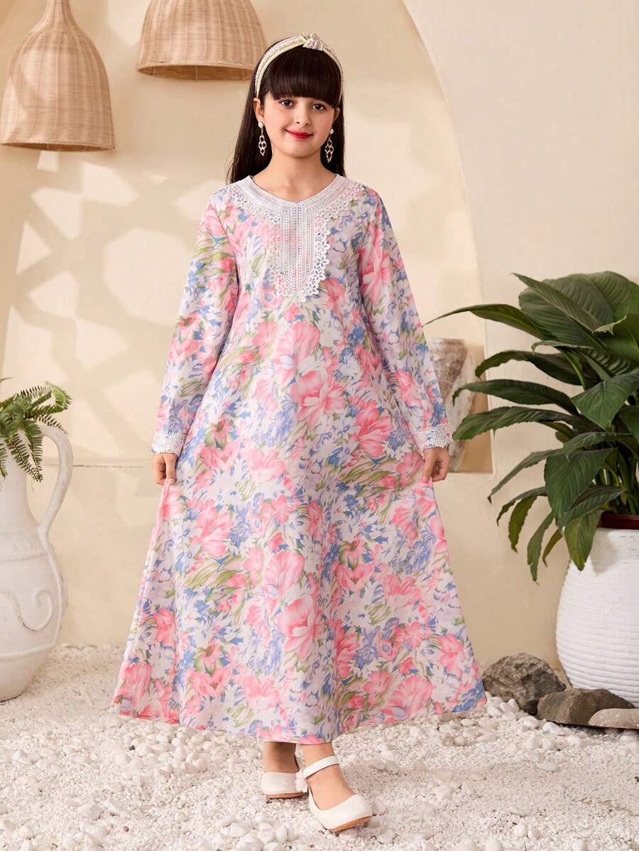 女童扎染花卉印花连衣裙，蓝色和粉色 - 粉色 - 查看 1