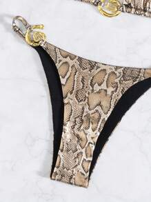 Summer Snake Skin Print Fabric Halter Metallic Decor Top And Bikini Bottom Women 2 Pieces Bikini Set - Multicolor - View 4