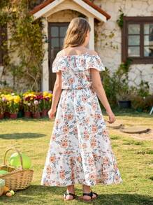 Vacation Style Tween Girls 2Pcs Set: Transparent Shoulder Strap Ruffle Hem Blouse + Cake Style Flare Mini Skirt, Casual Elegant Quality Outfit For Daily, Commuting, Leisure, Vacation, Festivals - White - View 2