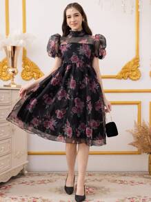 Teen Girl Elegant Floral Allover Print Puff Sleeve Dress - Black - View 3