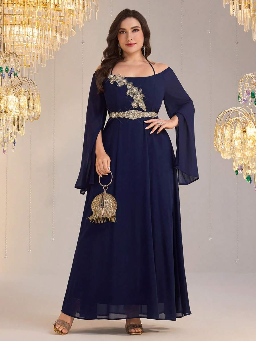 Modelyn Plus Size Elegant Party Sequin Flower Embroidered Open Shoulder Halter Poncho Sleeve Dress - Navy Blue - View 1