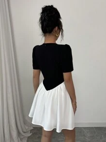 Elenzga Black & White Color Block Dress With Metal Buckle Decor - Black and White - View 2