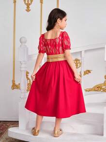 SHEIN Váy dài tay bồng trang trí sang trọng truyền thống màu đỏ vàng cho bé gái tuổi mới lớn - Đỏ - Xem 2