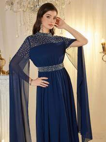 Modelyn Women Luxury Flashy Rhinestone Long Sleeve Dress - Royal Blue - View 1