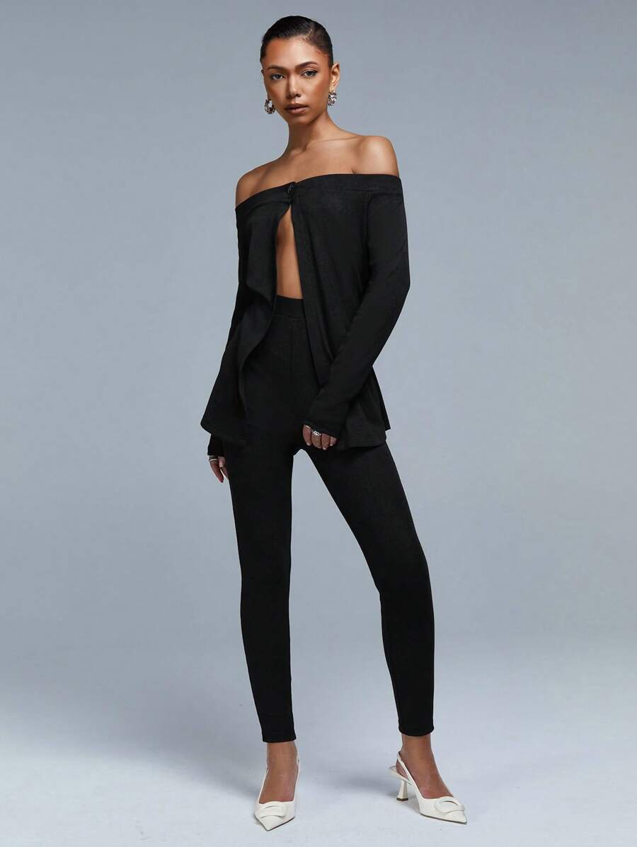 Athîral 2 Stücke/Set Damen Off-Shoulder Top und Hose Set Einfarbig, Langarm, minimalistischer Stil für den täglichen Lässig Gebrauch