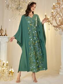 Al Najma Floral Embroidery Panel Robe, Romantic Party Gown - Green - View 6