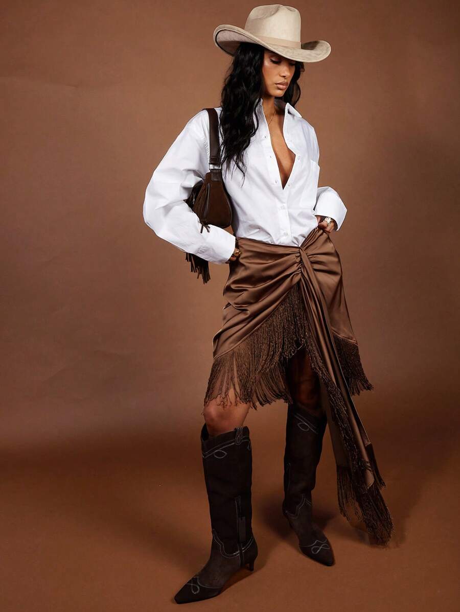 COSMINA Women's Pleated Asymmetric Fringe Satin Twist Mini Skirt, Spring/Summer, Vacation, Cowgirl, Elegant, Work Daily, Boho - Brown - View 1