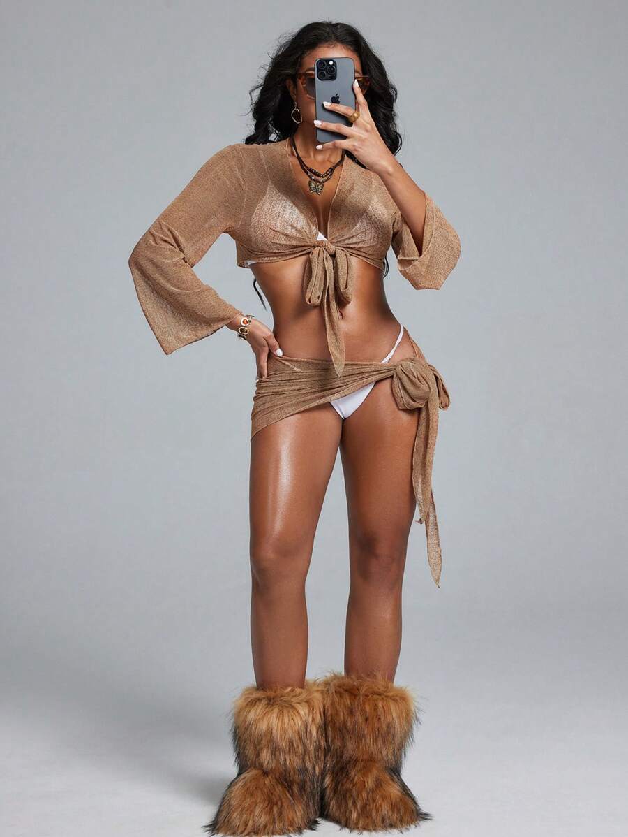 Swim EVENT 女士波西米亚风性感沙滩比基尼套装，适合夏季度假 - 卡其色 - 查看 1