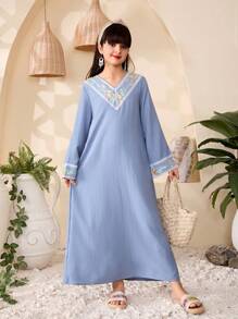 Holiday,Summer,Travel  Tween Girls Long Sleeve Gray-Blue Robe, Loose Fit Floral Embroidered Mesh Splice Dress, Suitable For School, Travel, Family Gathering, Holiday, Spring And Autumn