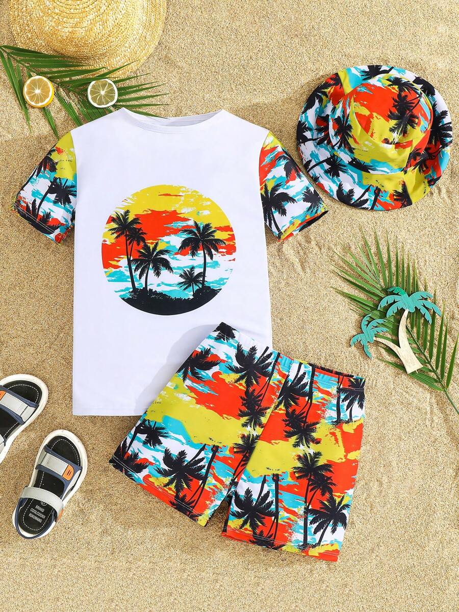 SHEIN Leap Crew Tween Boy Vacation Casual Rash Guard Swimsuit Set - White - View 1