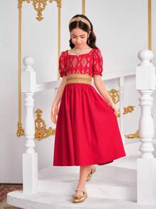 SHEIN Váy dài tay bồng trang trí sang trọng truyền thống màu đỏ vàng cho bé gái tuổi mới lớn - Đỏ - Xem 4