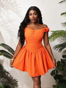 BamGleam Vestido corto casual minimalista de mujer de unicolor con volantes - Naranja Quemada - Ver 1